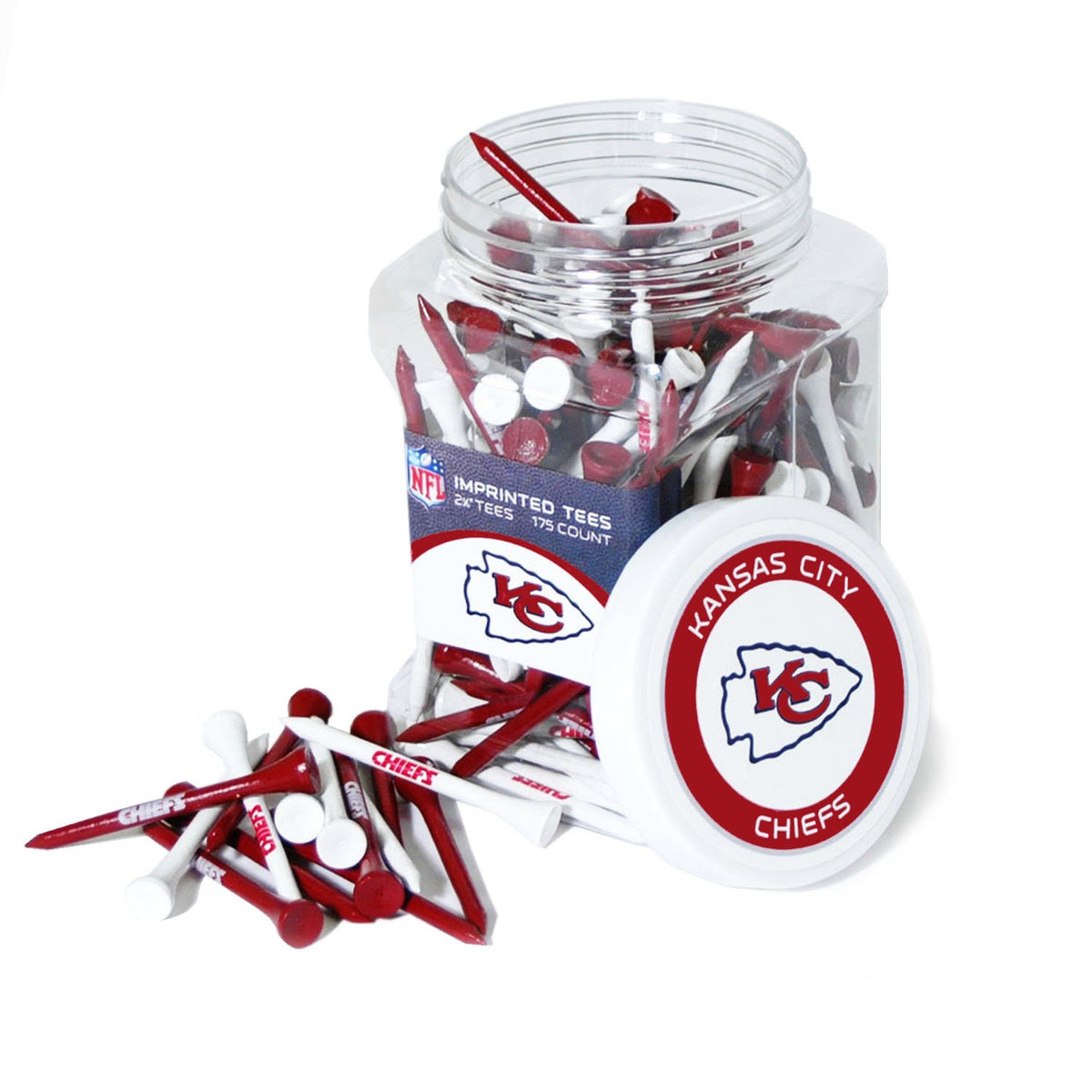 Team Golf Kansas City Chiefs 175-tee jar shown on green, perfect for team pride