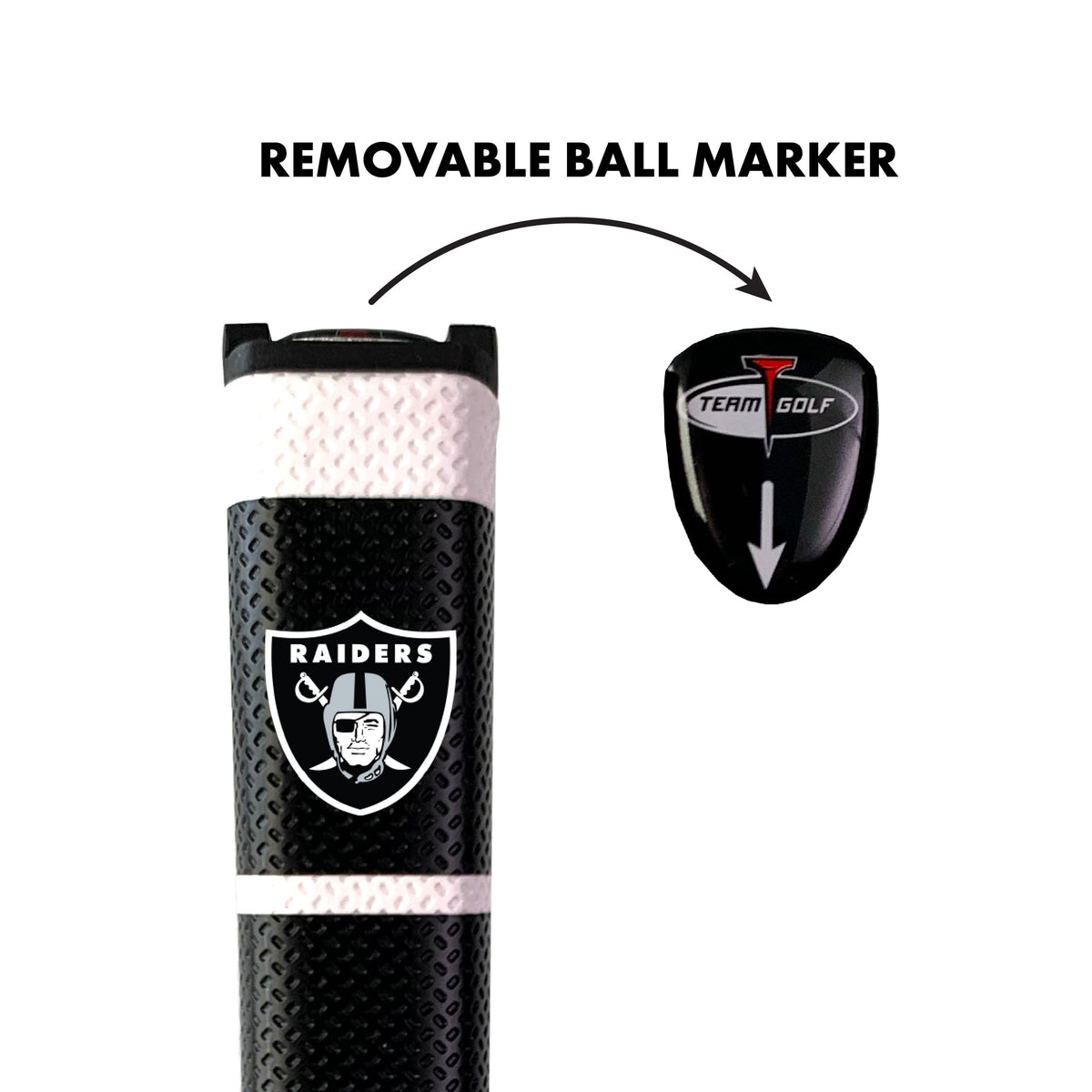 Team Golf Raiders ball marker with gel top stays attached and ready for quick marking.
