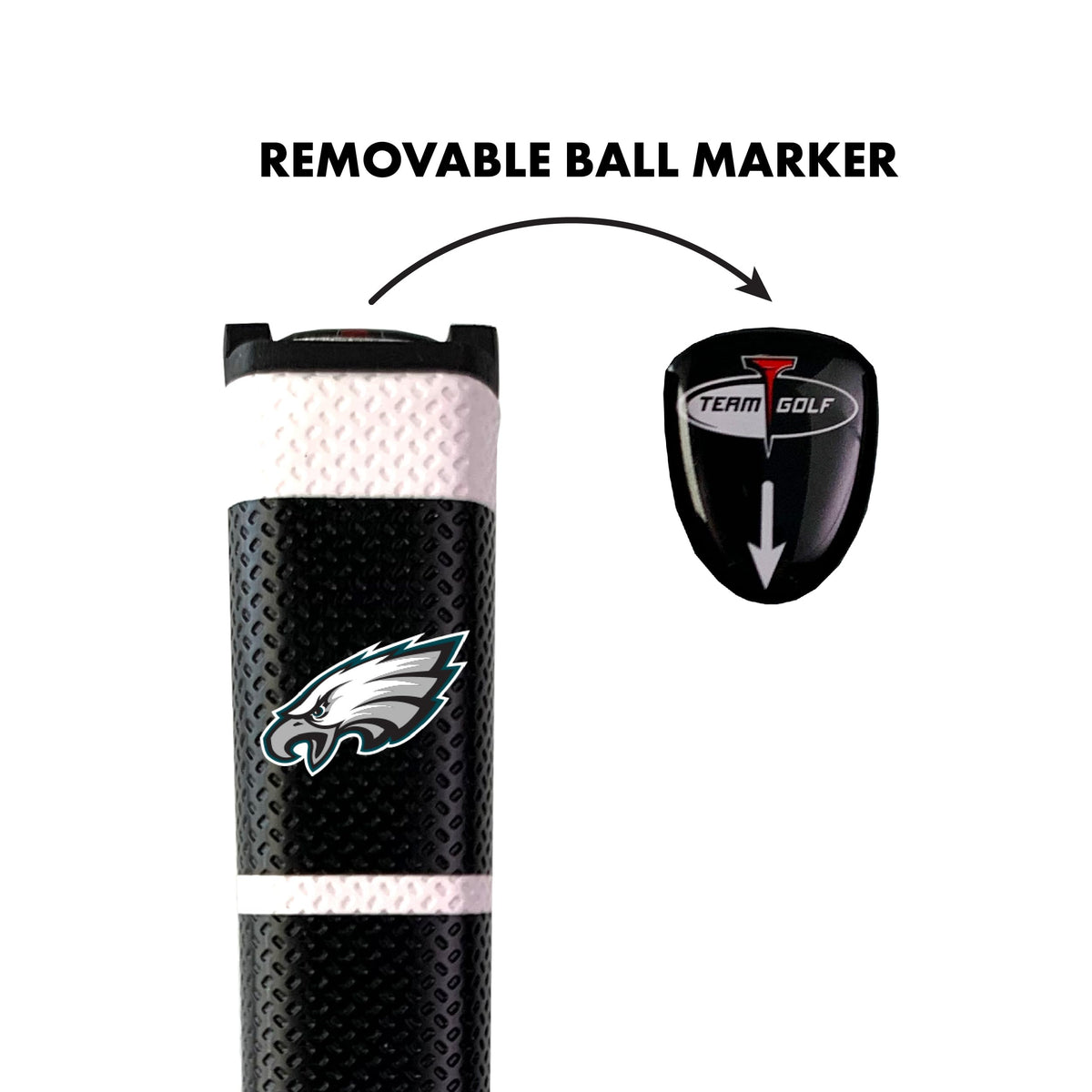 Team Golf Eagles grip with removable gel top marker for quick alignment and team spirit.