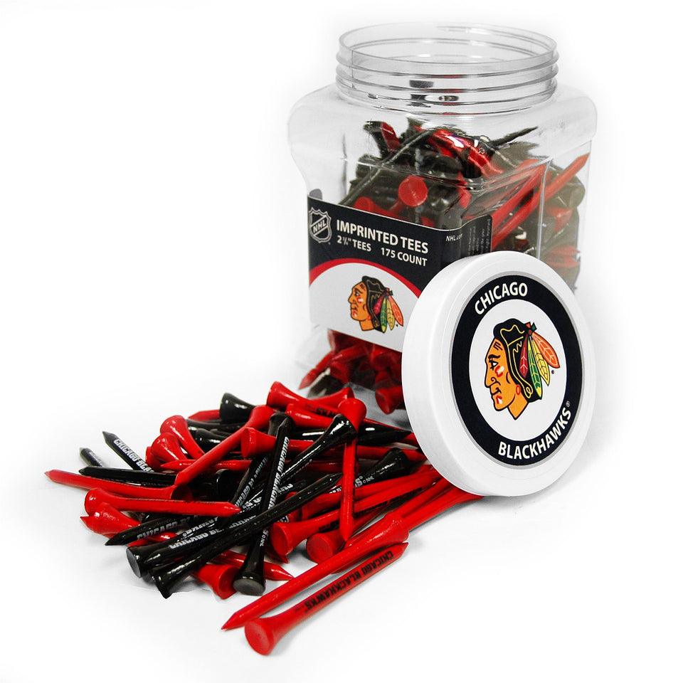 Team Golf NHL Chicago Blackhawks tees jar for convenient team-pride teeing on the course.