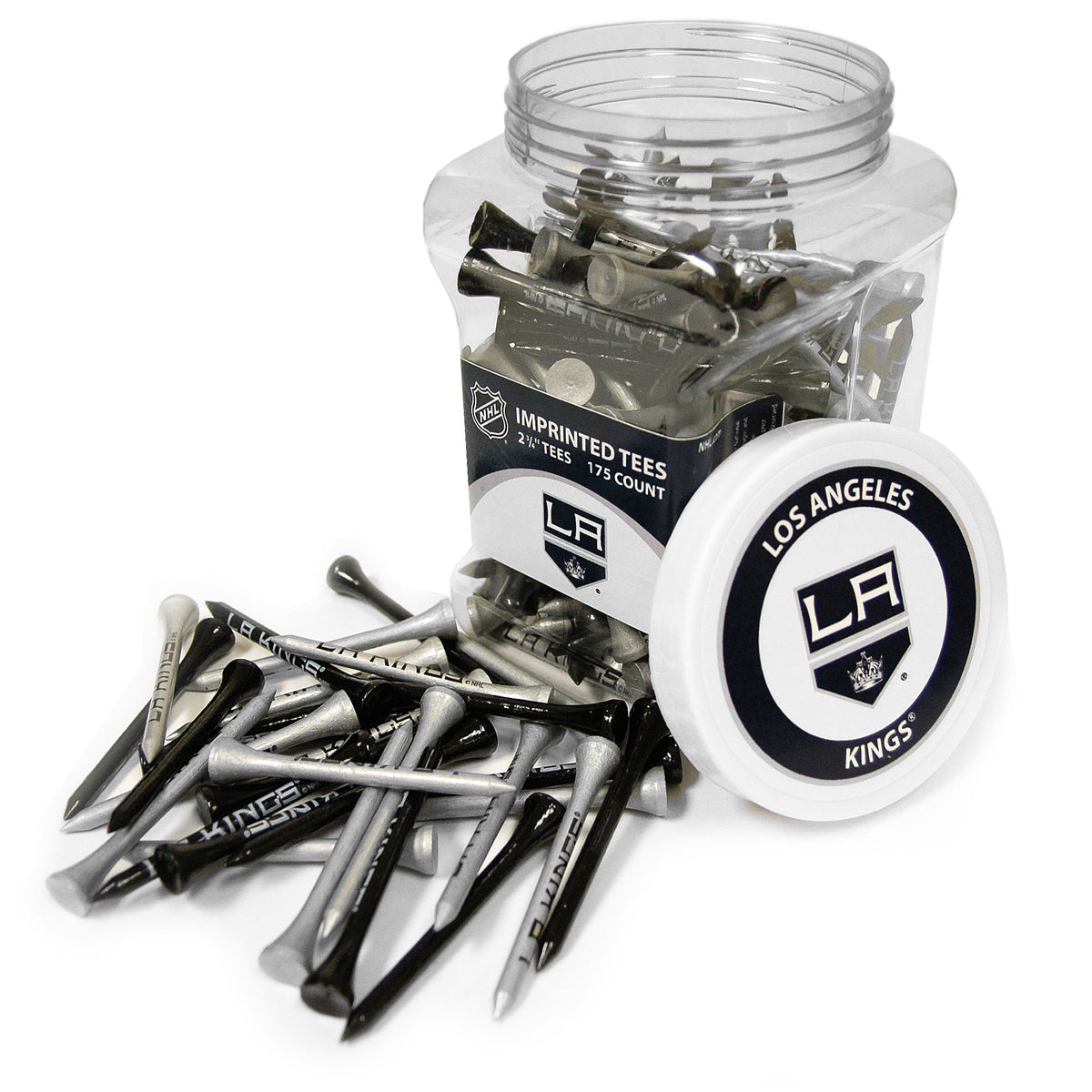 Team Golf NHL Kings jar of 175 tees keeps your gear organized on the course.