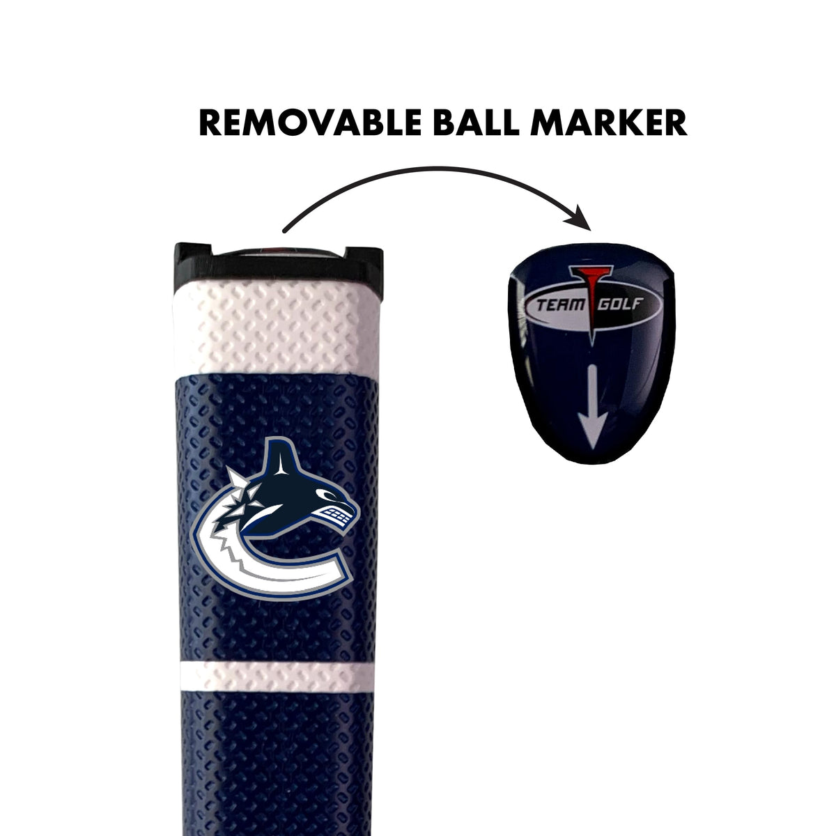 Team Golf Vancouver Canucks ball marker on removable gel top for quick placement.