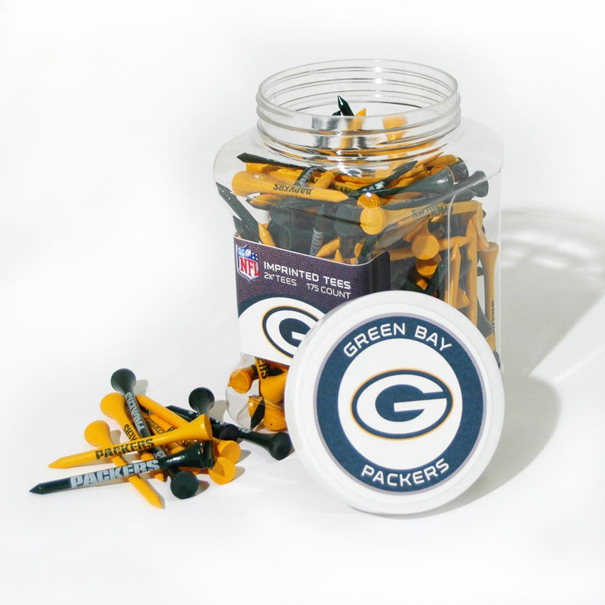 Team Golf Green Bay Packers tee jar with 175 tees for quick setup on the course.