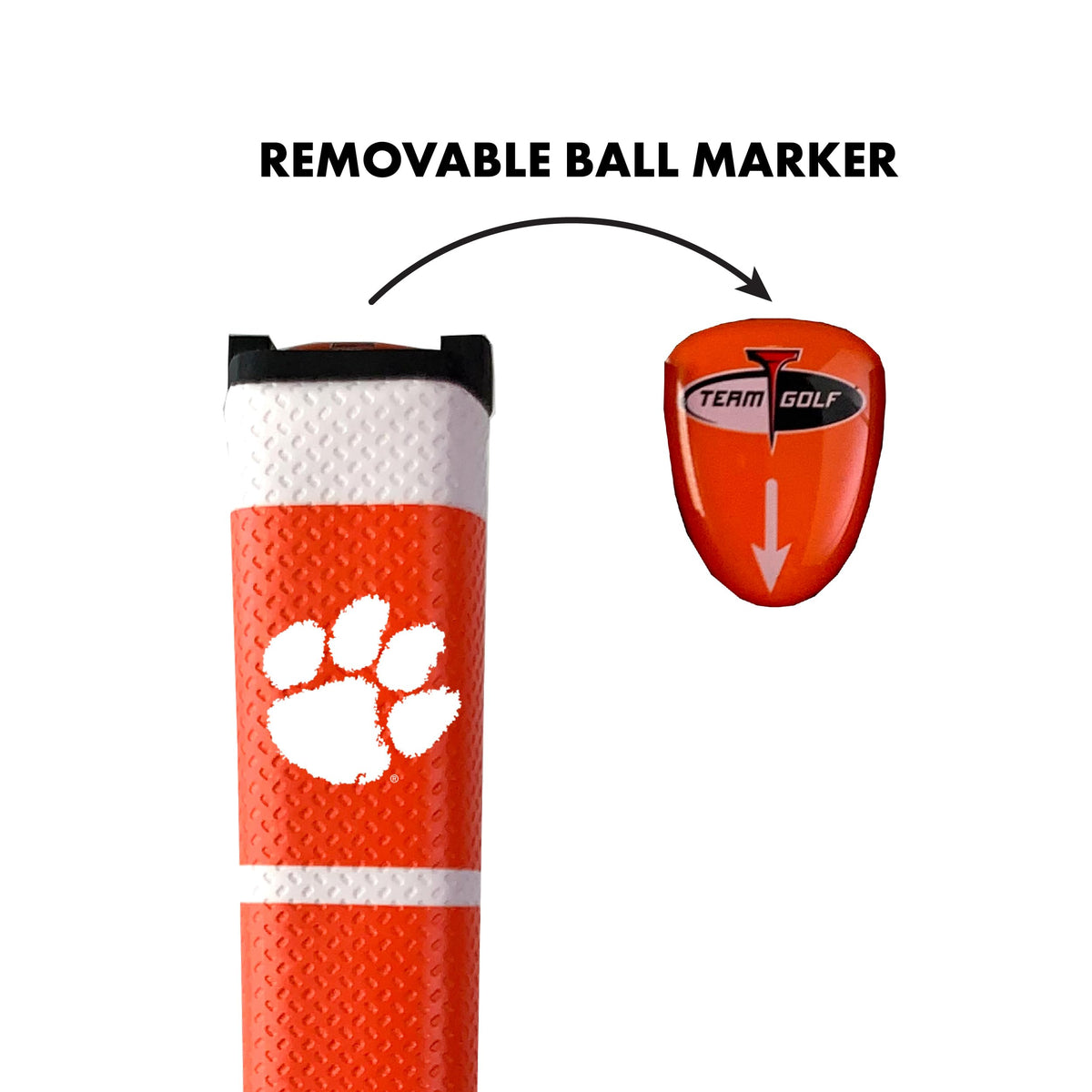 Team Golf removable gel top ball marker attaches securely to the grip.