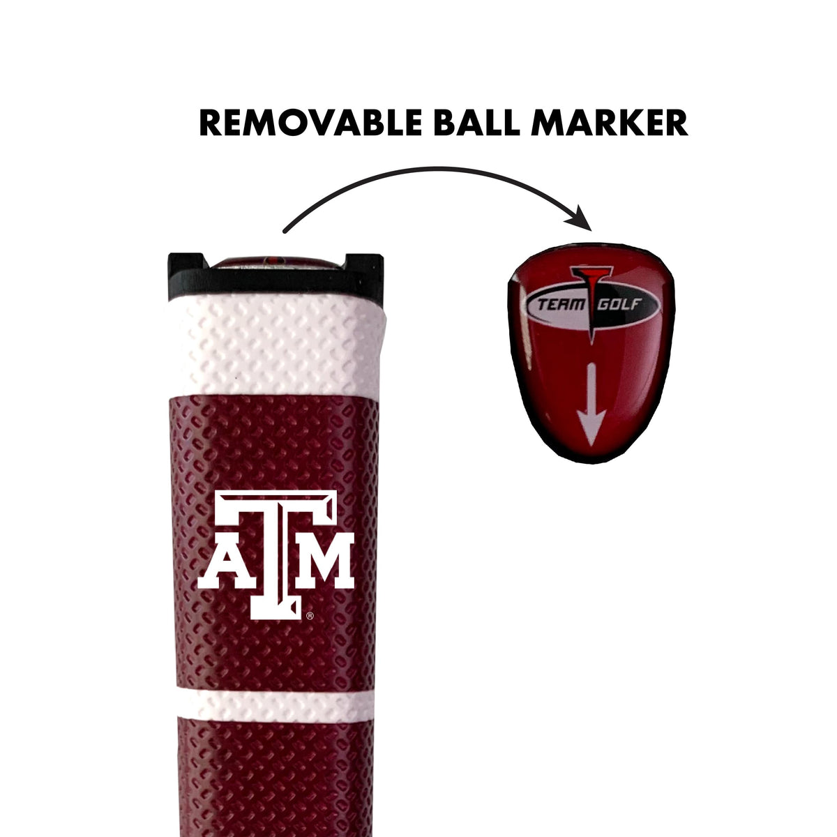 Team Golf gel top ball marker attached to grip for convenient marking.