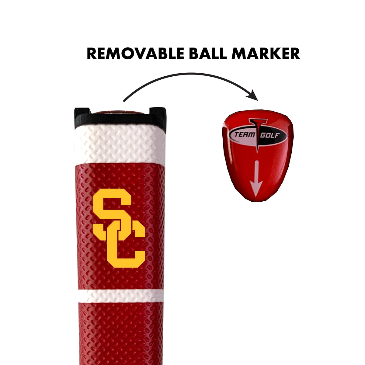 Team Golf USC Trojans putter grip with wide pistol shape enhances control and comfort.