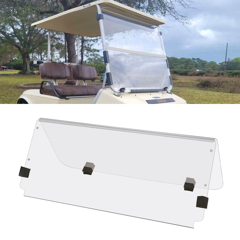 TechInovat clear windshield for Club Car DS, front view, showing fold-down design.