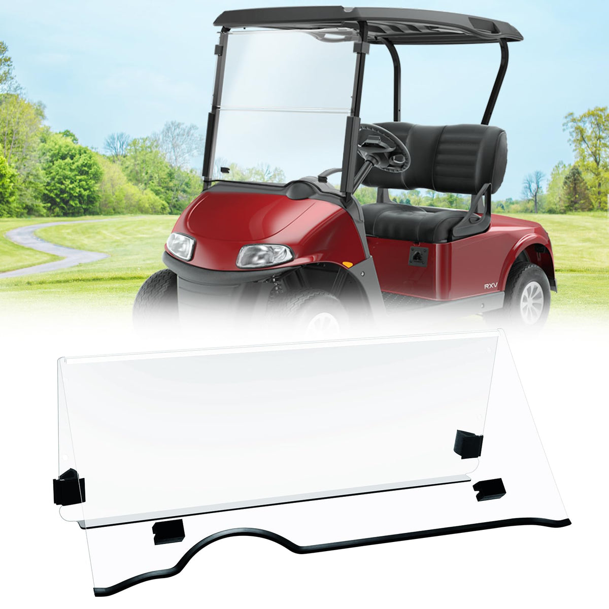 TechInovat Clear Windshield front view for EZGO RXV with weather protection.