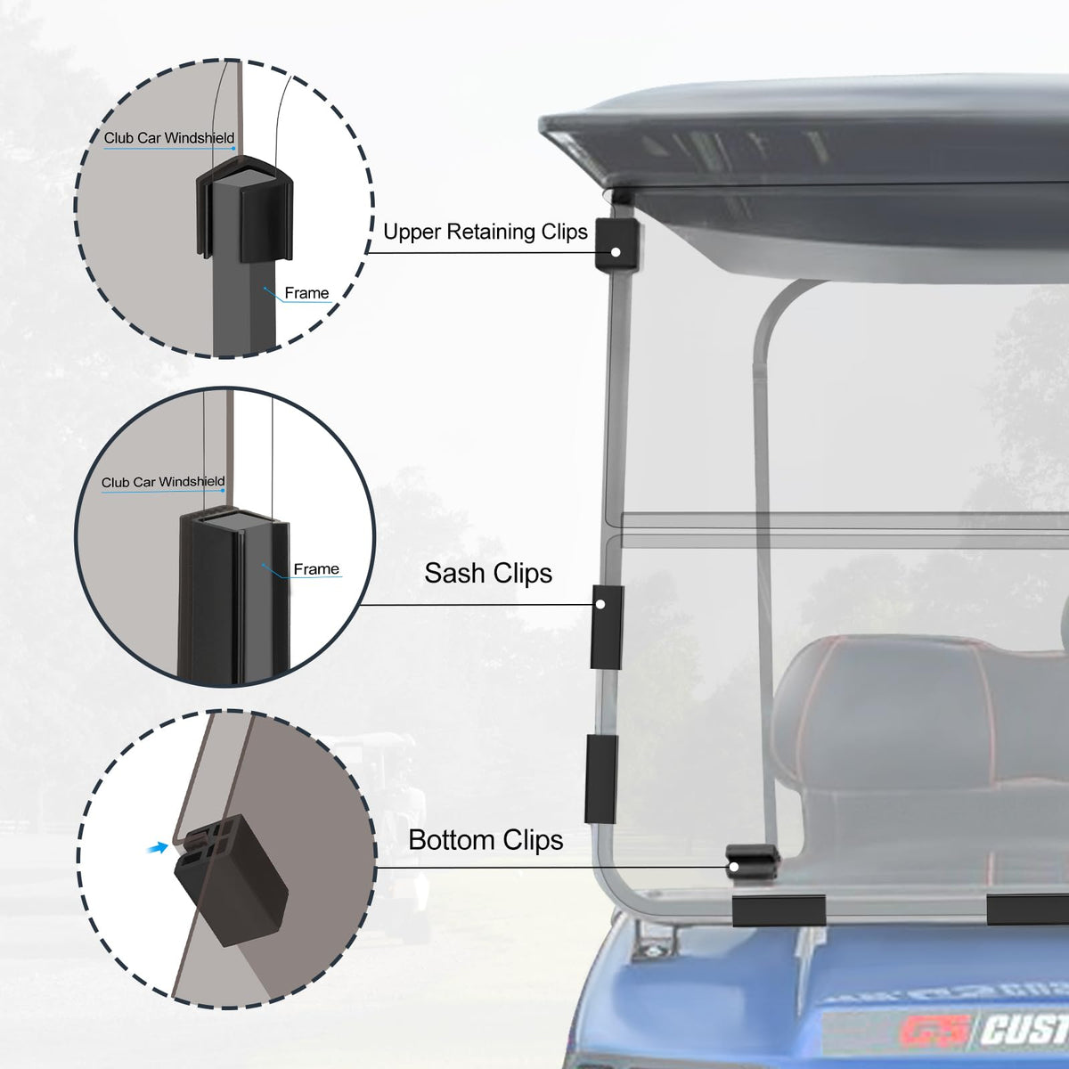 TechInovat Club Car windscreen kit exploded view shows replacement hardware