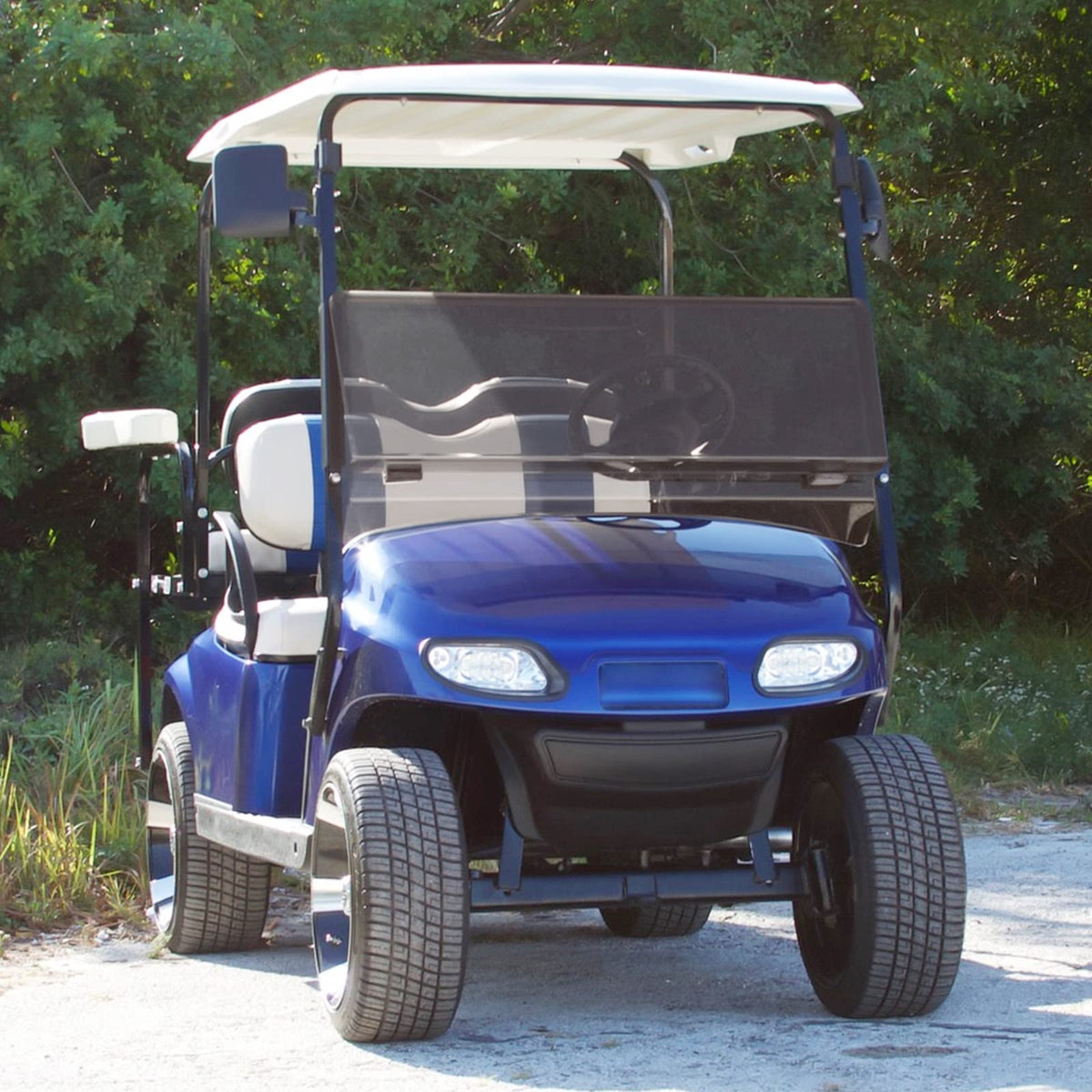 TechInovat weather protection windshield guarding against wind and rain on EZGO TXT