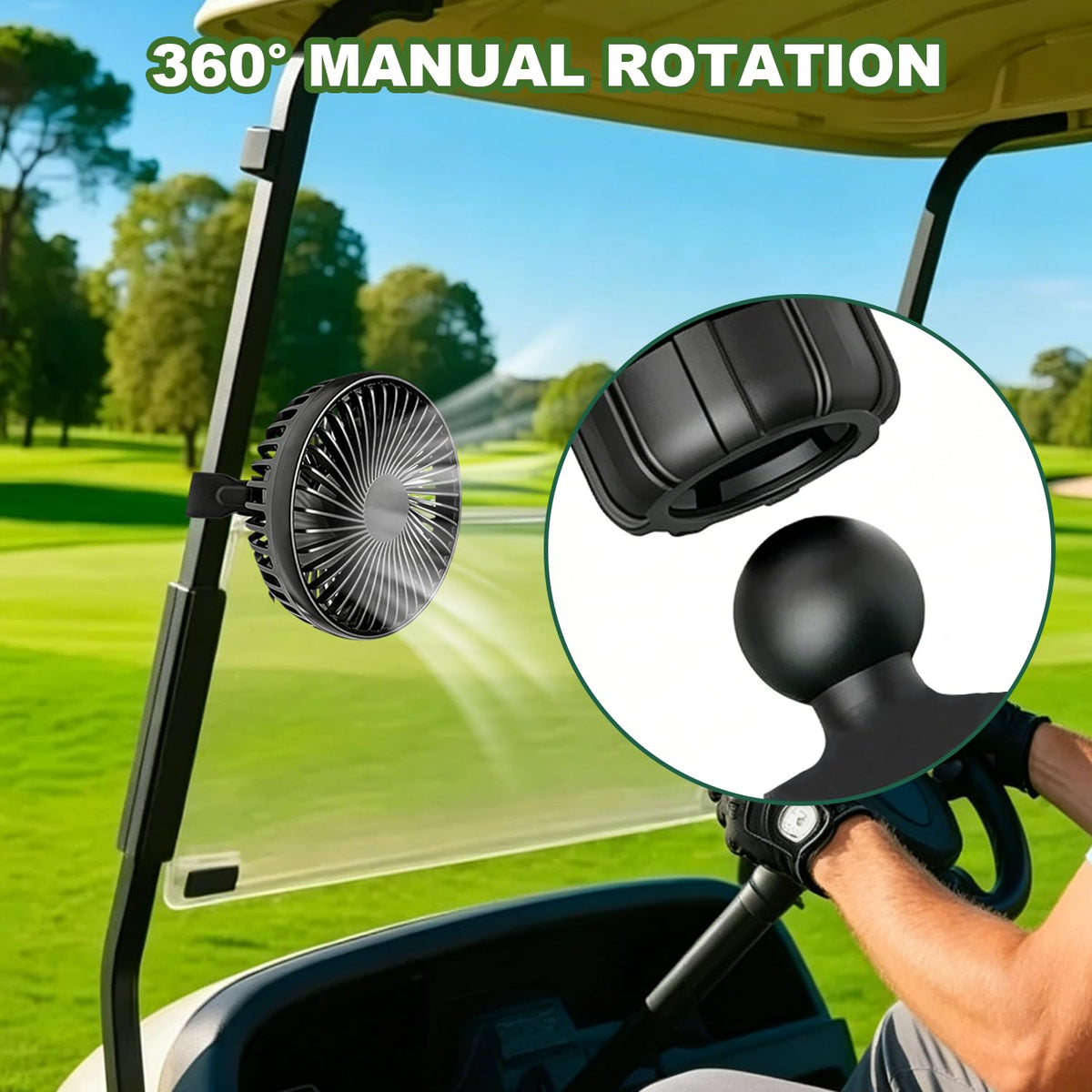 TechInovat Golf Cart USB Fan with 360 rotation for adjustable airflow.