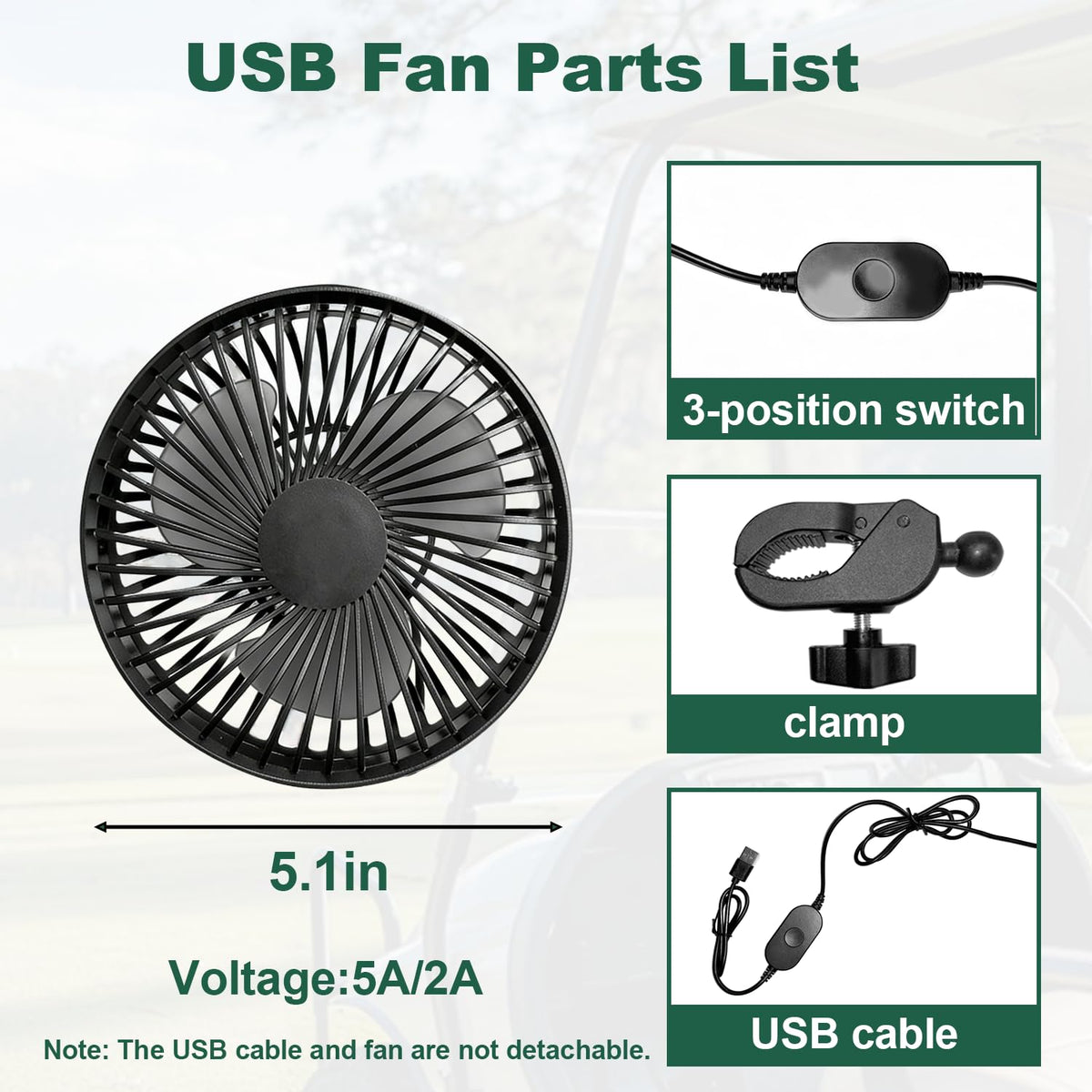 TechInovat USB fan clamp with rubber pads securing to a golf cart pole.