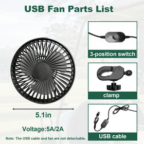 TechInovat USB fan clamp with rubber pads securing to a golf cart pole.
