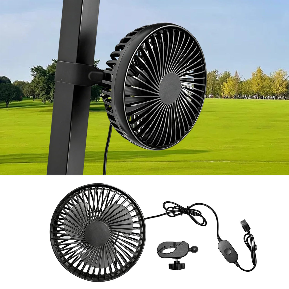 TechInovat Golf Cart USB Fan mounted on a round pole for on-the-go cooling.