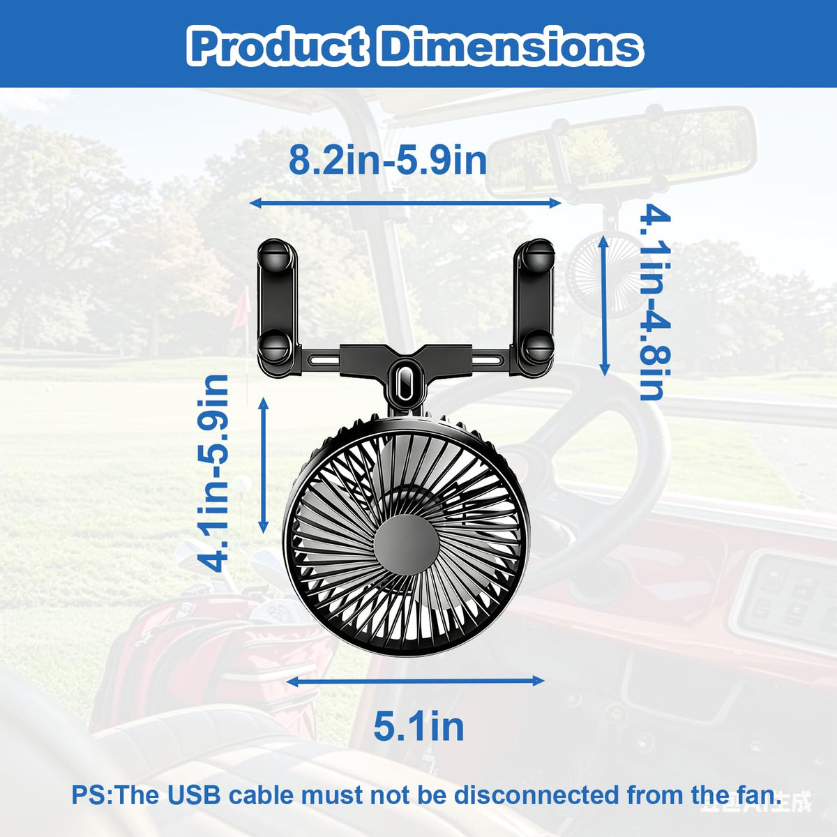 TechInovat rearview fan shows 360-degree rotation for adjustable airflow