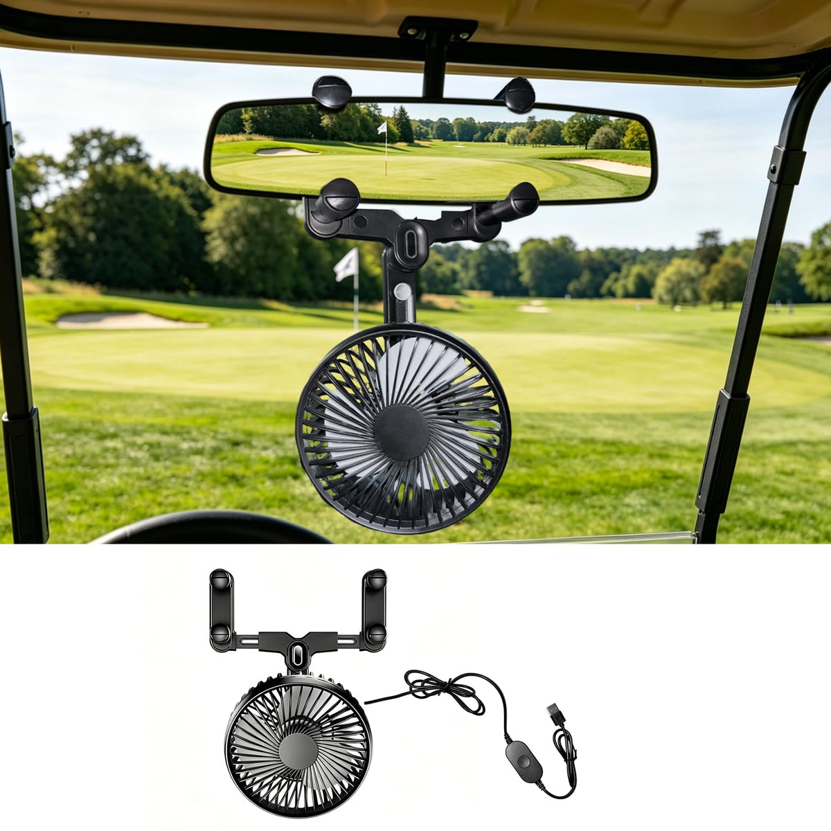 TechInovat rearview fan clip attachment secures to golf cart mirrors for cooling on the go