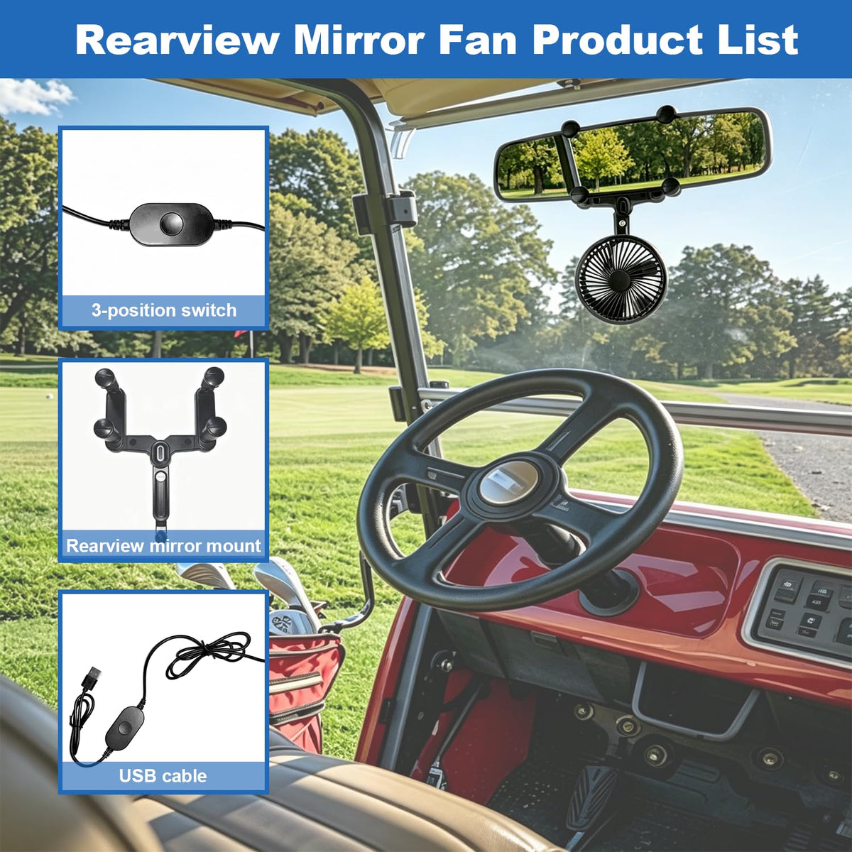 TechInovat rearview fan compatible with EZGO, Club Car, Yamaha carts