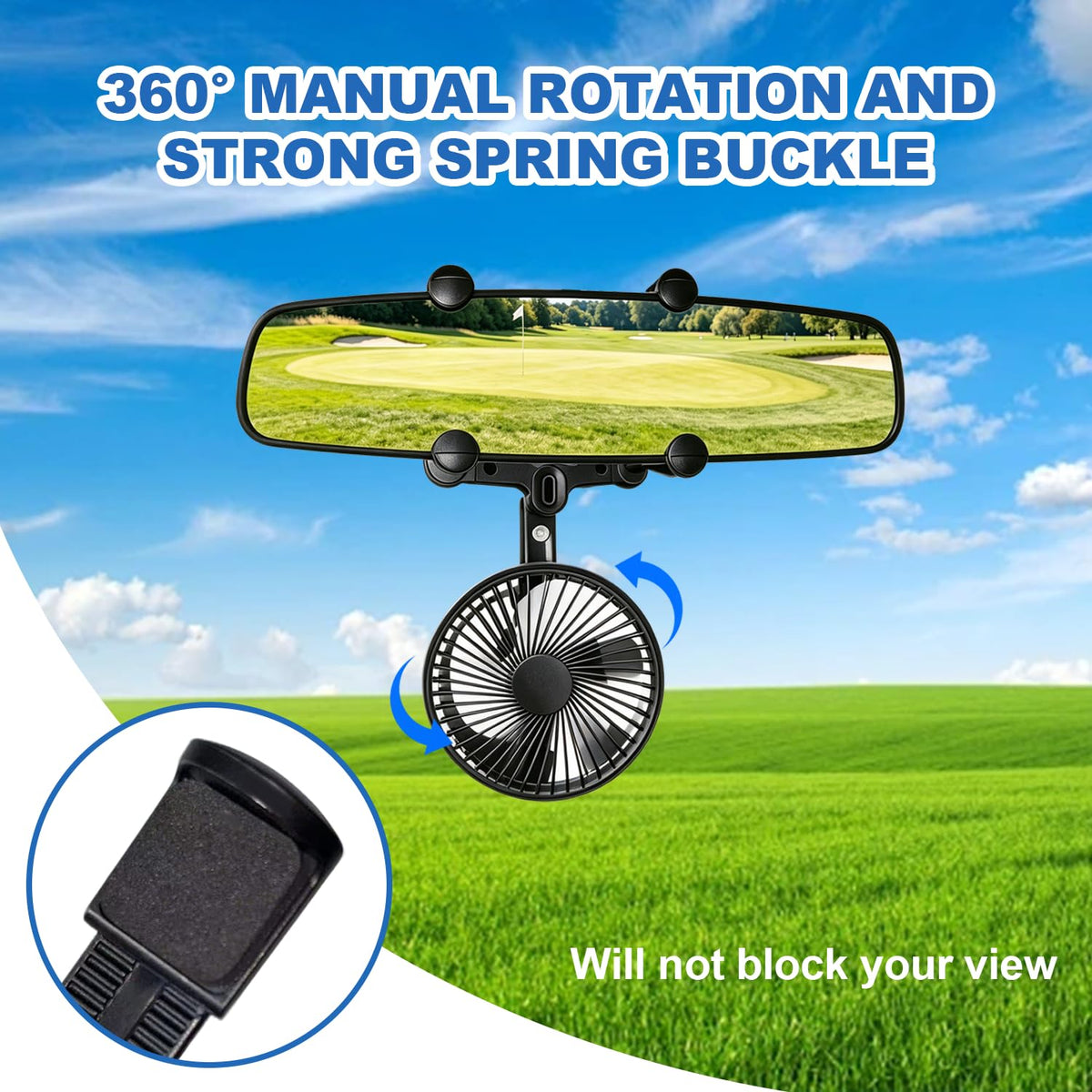 TechInovat rearview fan with sponge-padded corner clips secures firmly