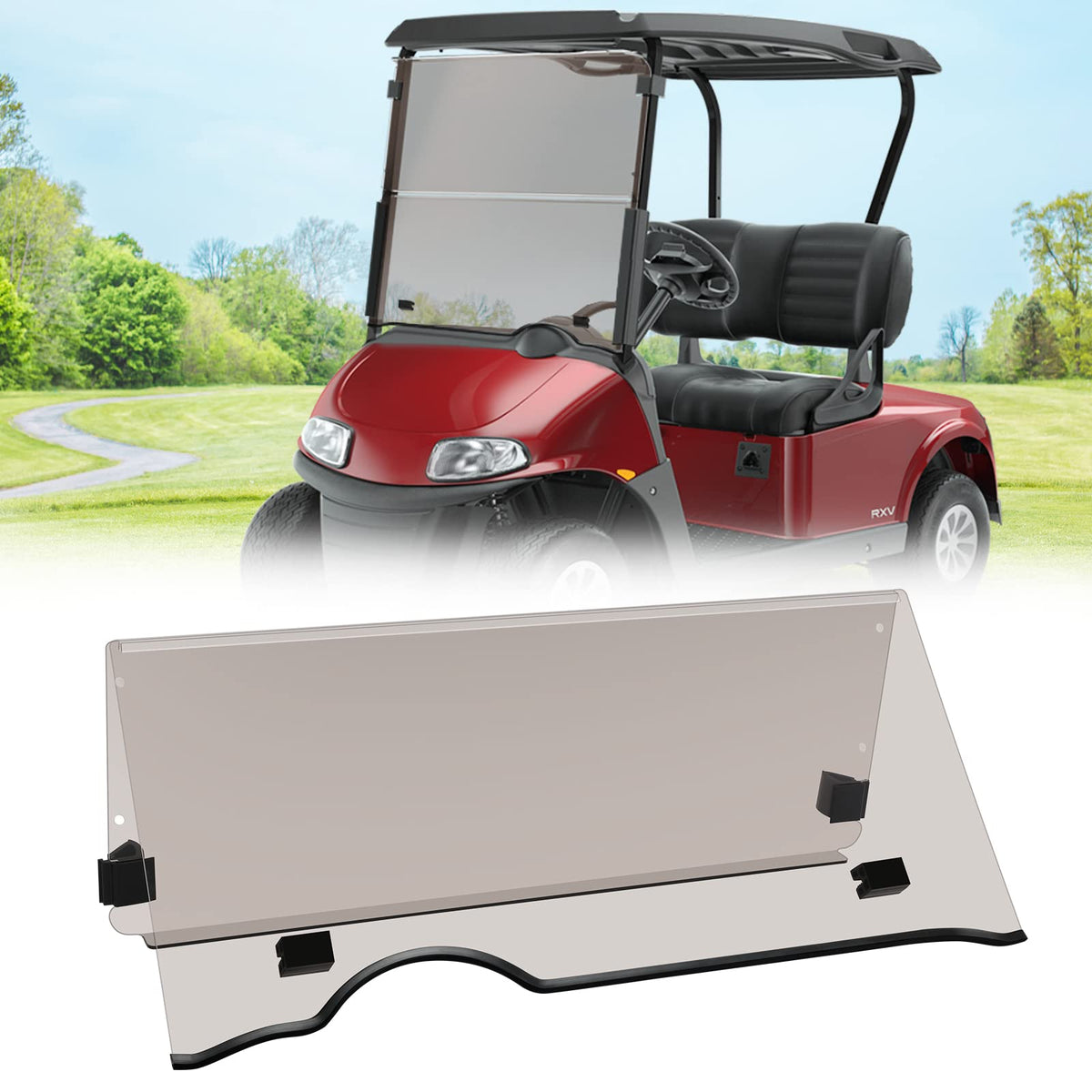 TechInovat tinted windshield front view confirms durable protection for EZGO RXV.