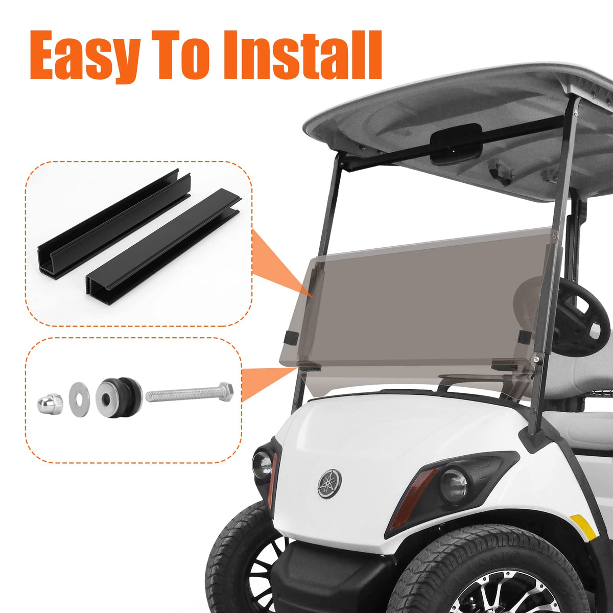 TechInovat tinted windshield on Yamaha G29 – fold-down design for quick storage.