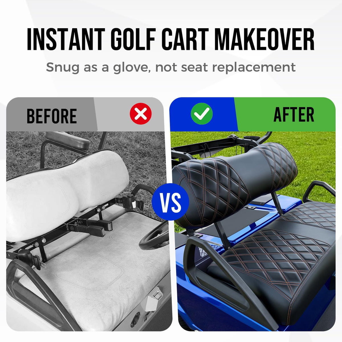 Tecoom diamond-pattern seat cover with orange stitching adds luxurious styling to your golf cart.