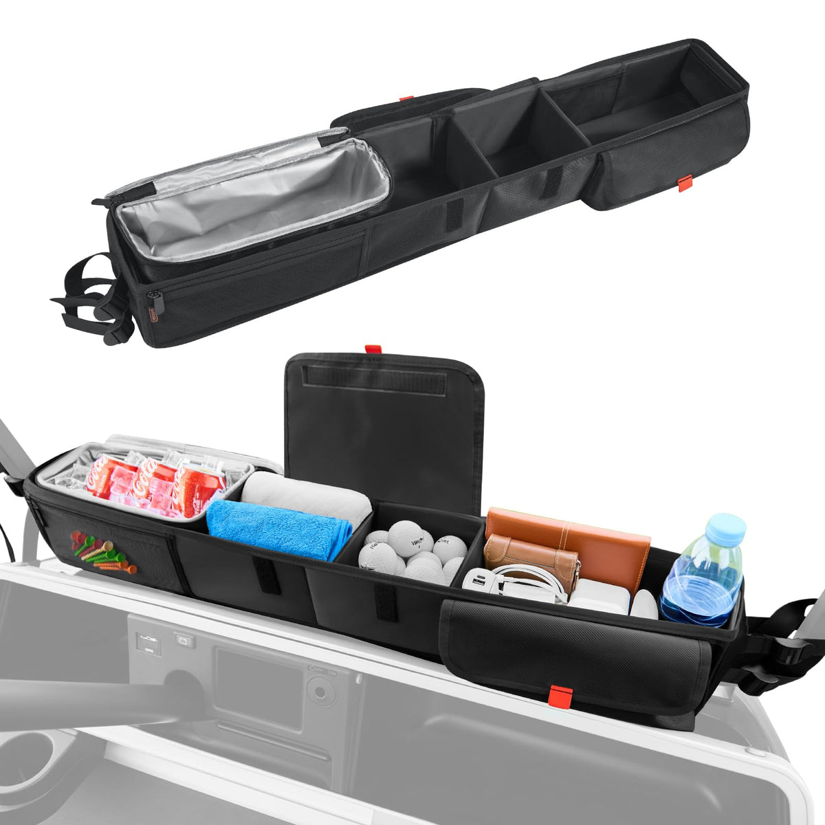 Tecoom front storage basket with foldable insulated compartment for cool drinks on golf rides.