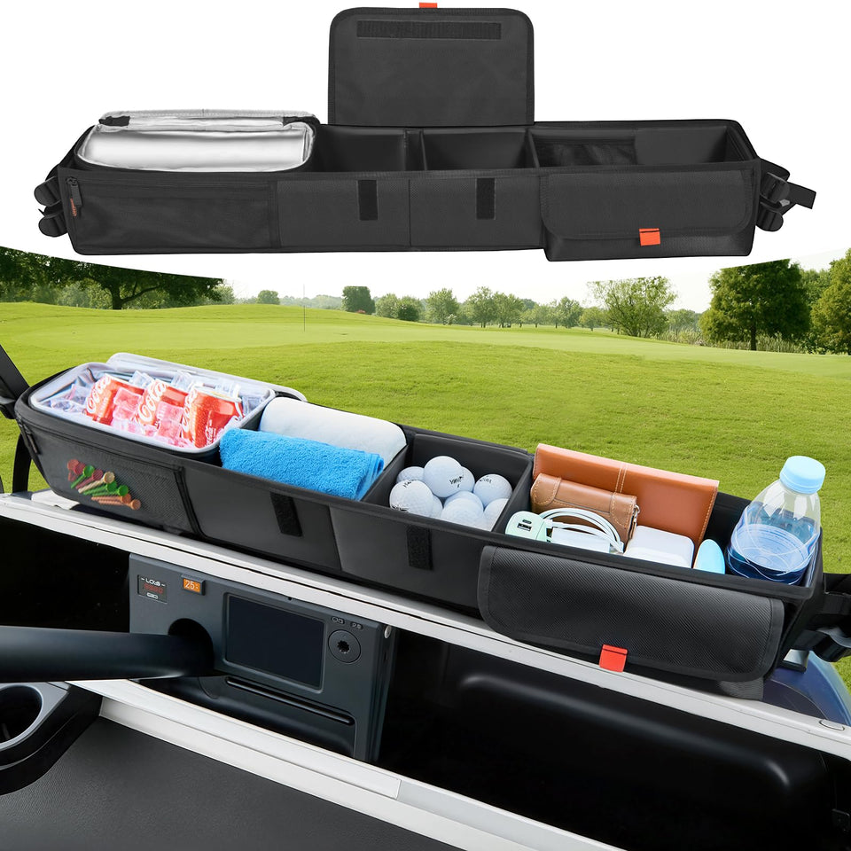 Tecoom front storage basket full setup keeps essentials within reach on the golf cart.