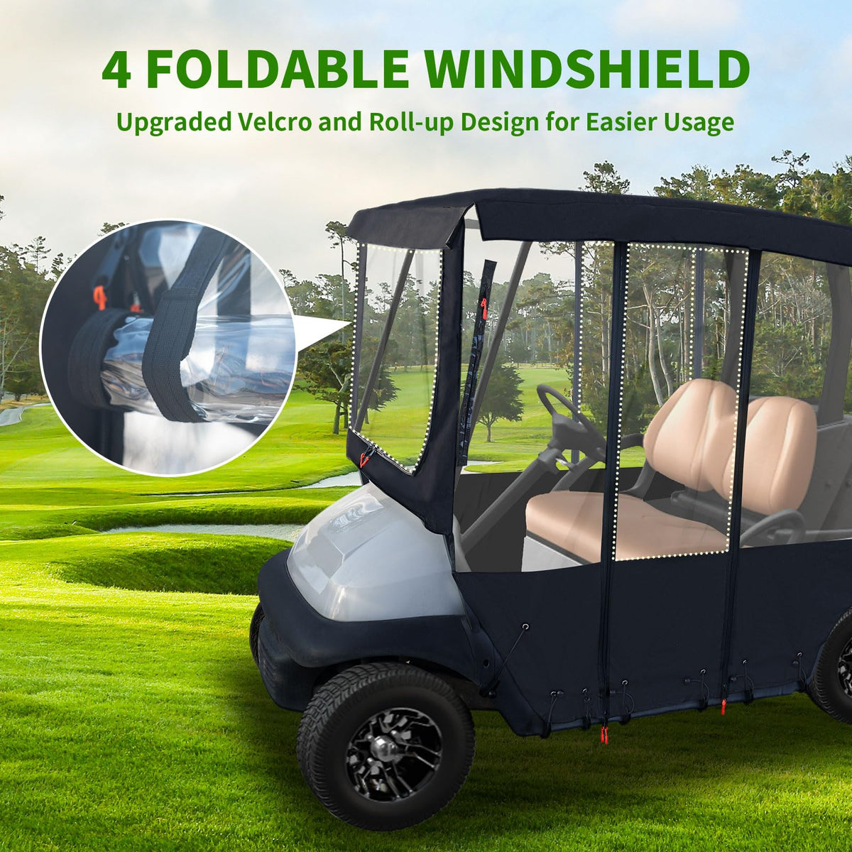 Tecoom golf cart enclosure clear windows provide visibility and rain protection.