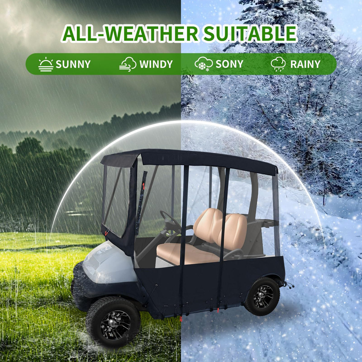 Tecoom golf cart enclosure fits most 2-seater models with secure universal fit.