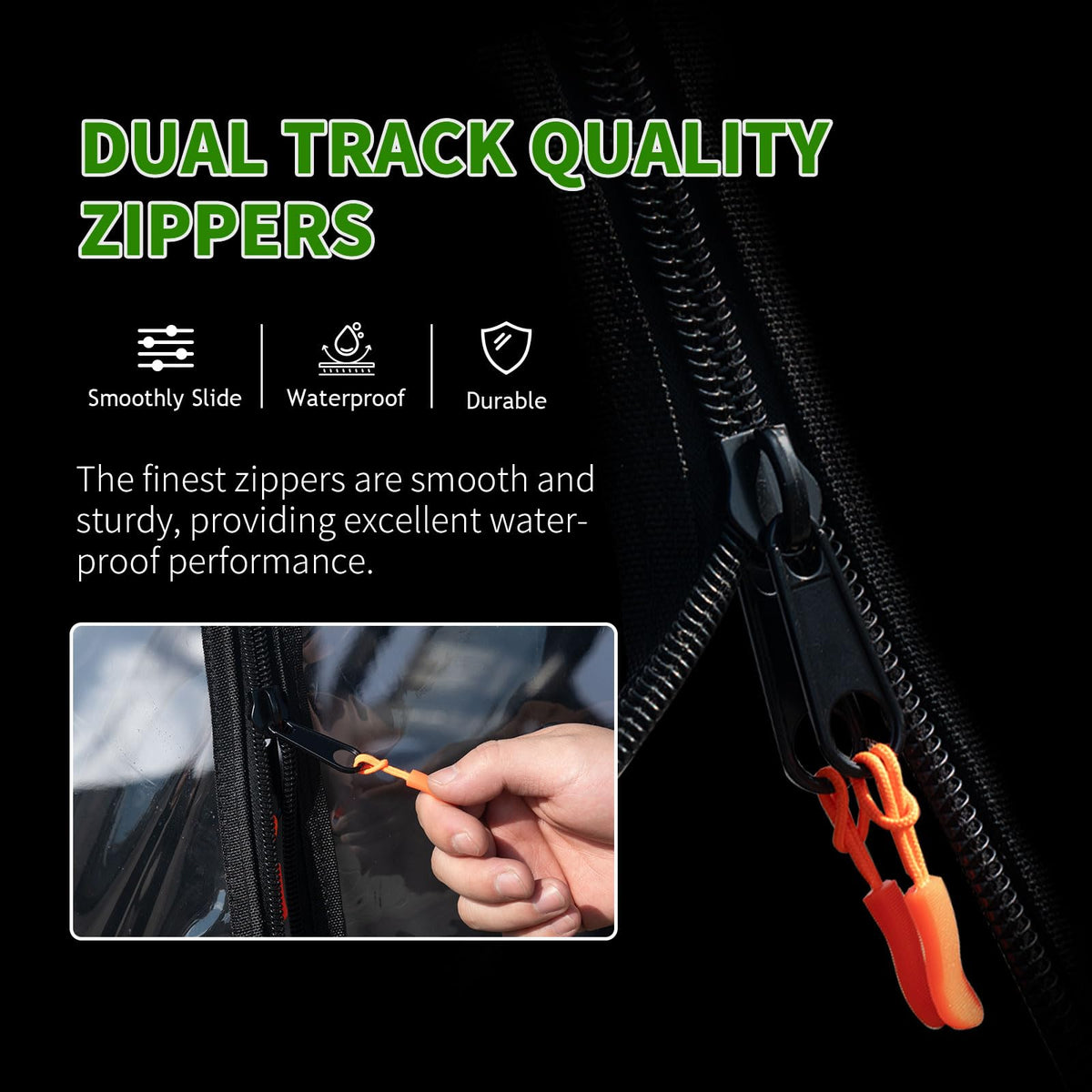 Tecoom doors with upgraded zippers for smooth operation.