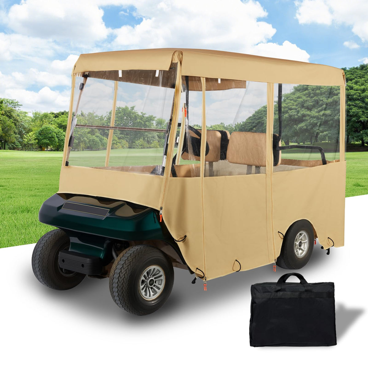 Tecoom golf cart enclosure front view in beige, universal 4-passenger fit.