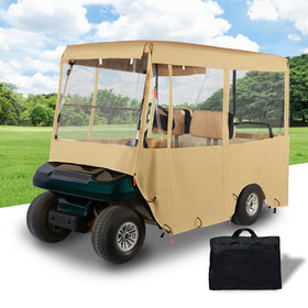 Tecoom golf cart enclosure front view in beige, universal 4-passenger fit.