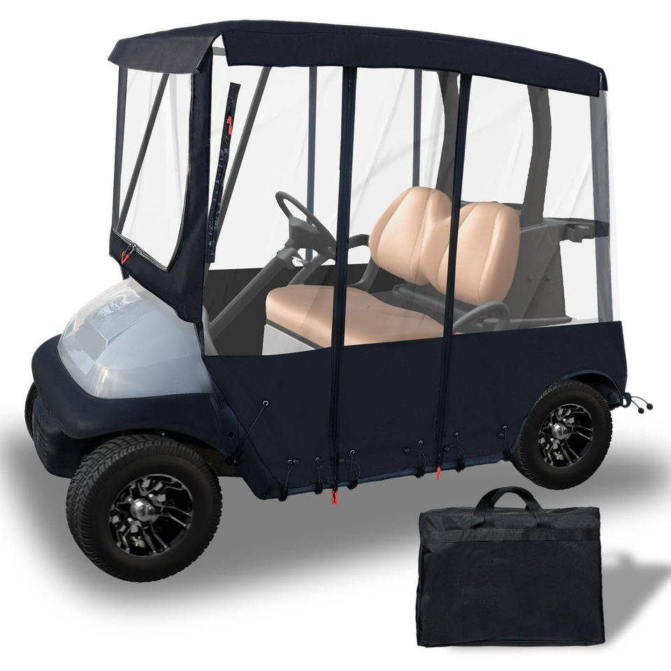 Tecoom golf cart enclosure front view with weatherproof protection for all seasons.