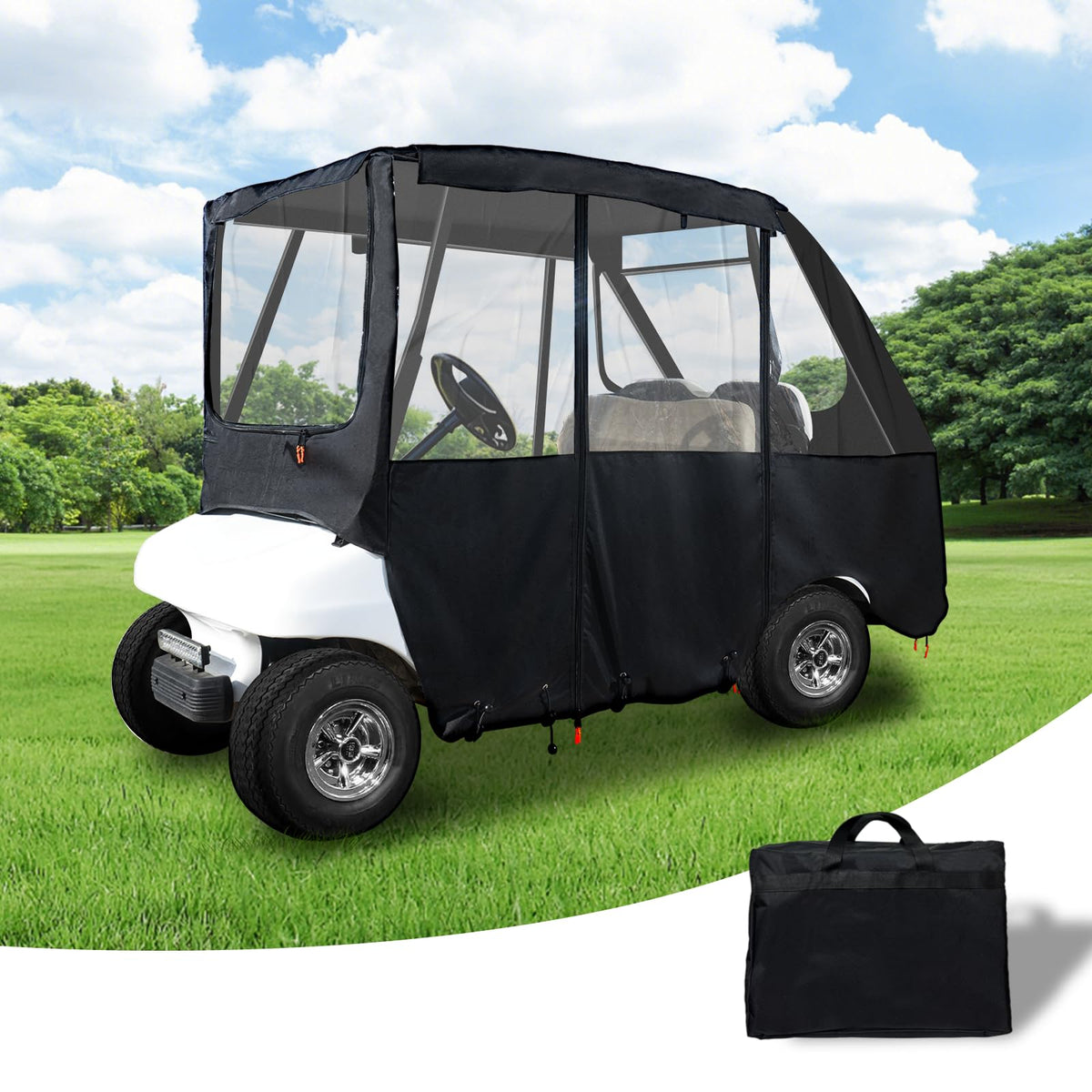 Tecoom golf cart enclosure front view with clear windows for weather protection and visibility.
