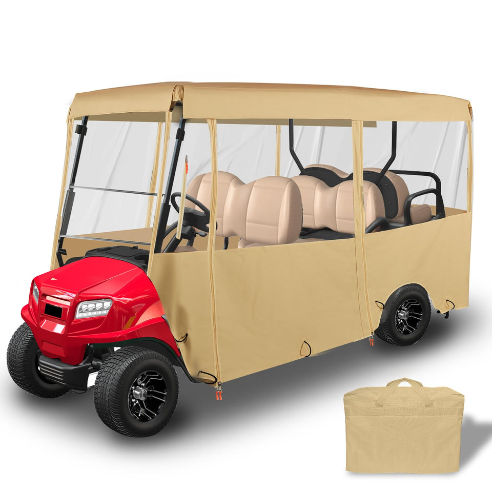 Tecoom golf cart enclosure front view with clear visibility for safe driving.