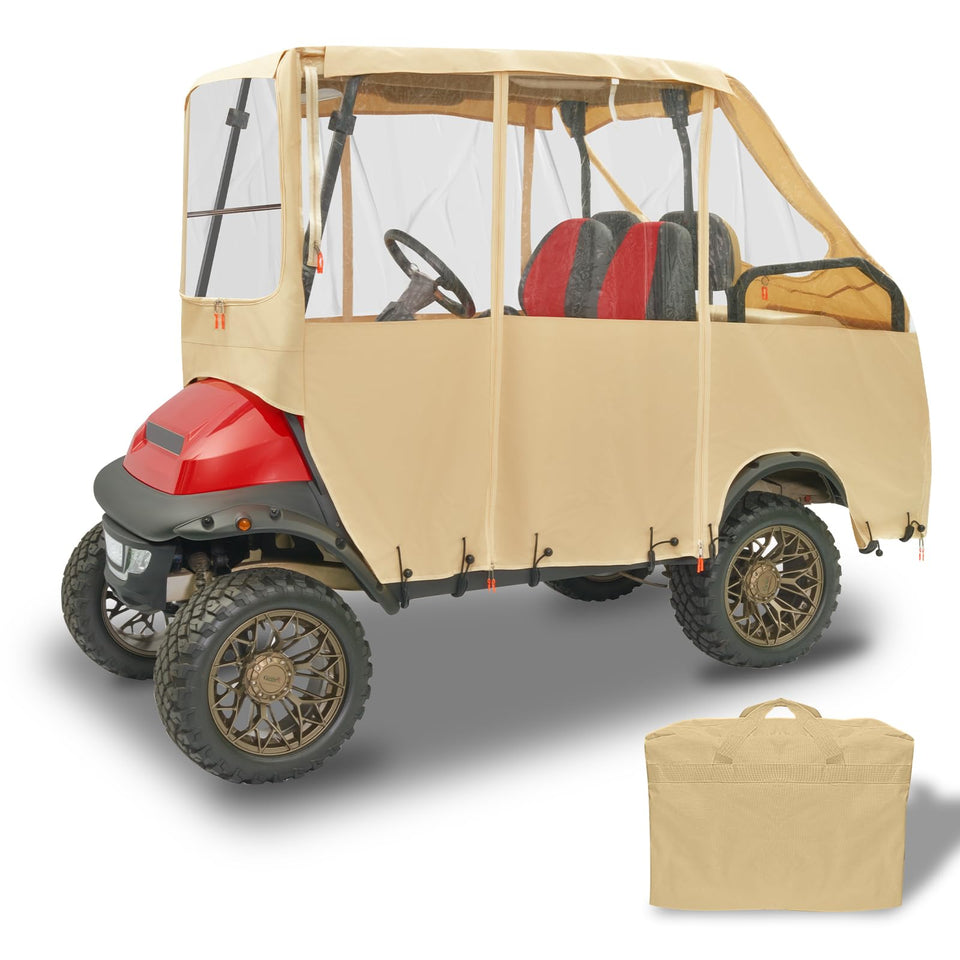 Tecoom golf cart enclosure front view with clear windows for all-weather visibility