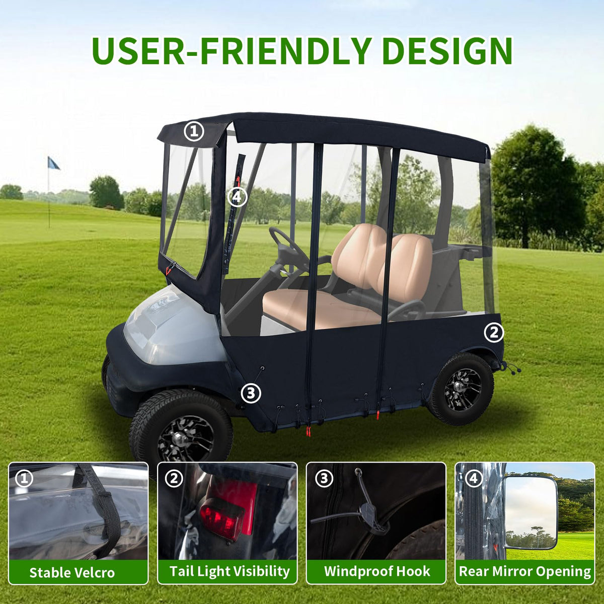 Tecoom golf cart enclosure premium 600D fabric resists tears and stains.