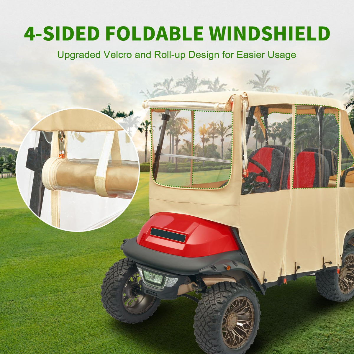 Tecoom golf cart enclosure rear view highlighting U-shaped zipper for club access