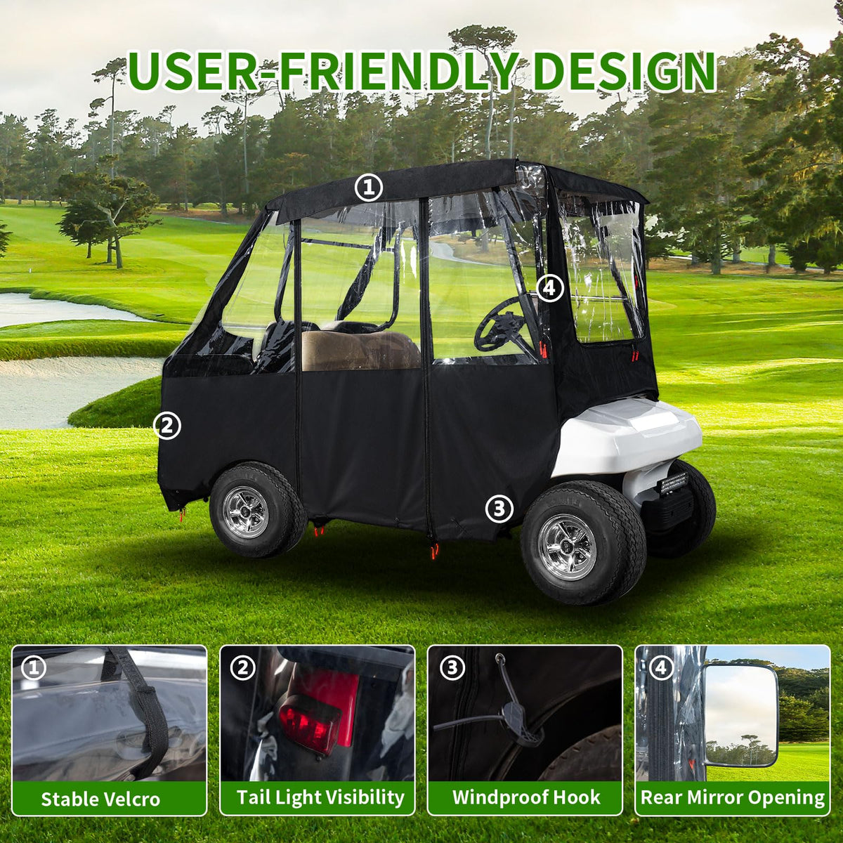 Tecoom enclosure right side view demonstrates side mirror opening for safe driving.