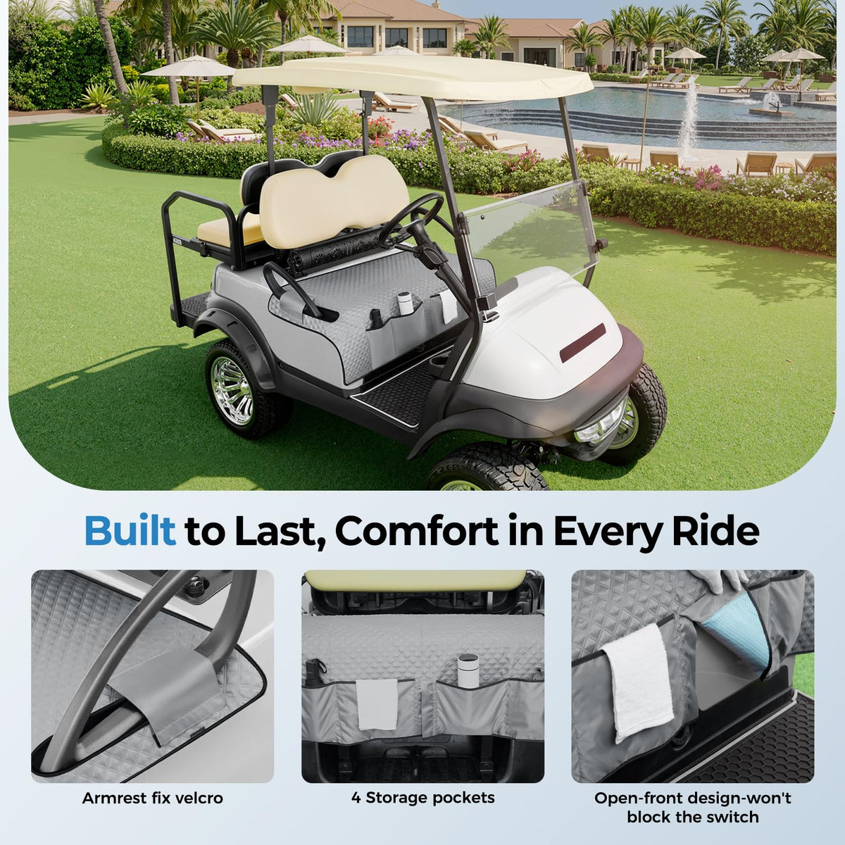 Tecoom towel's cushioned center adds comfort and reduces seat impact.