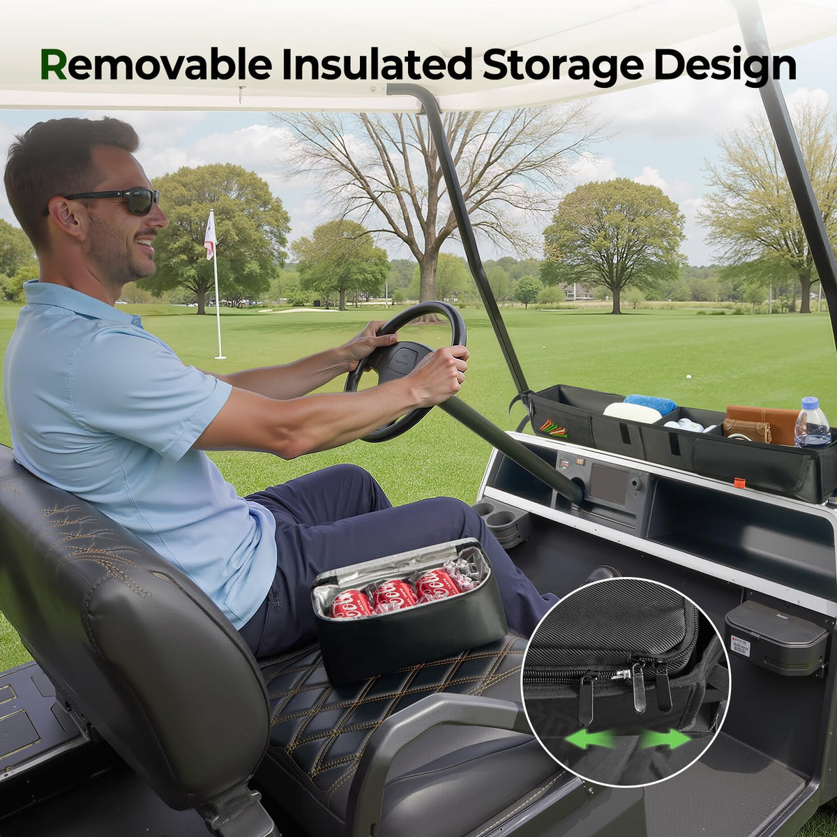 Tecoom reinforced straps secure the organizer on rough fairways.