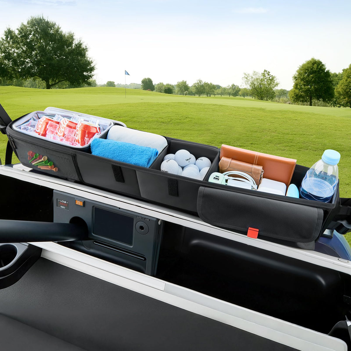 Tecoom front storage basket with strap mounting on a golf cart for secure quick-fit