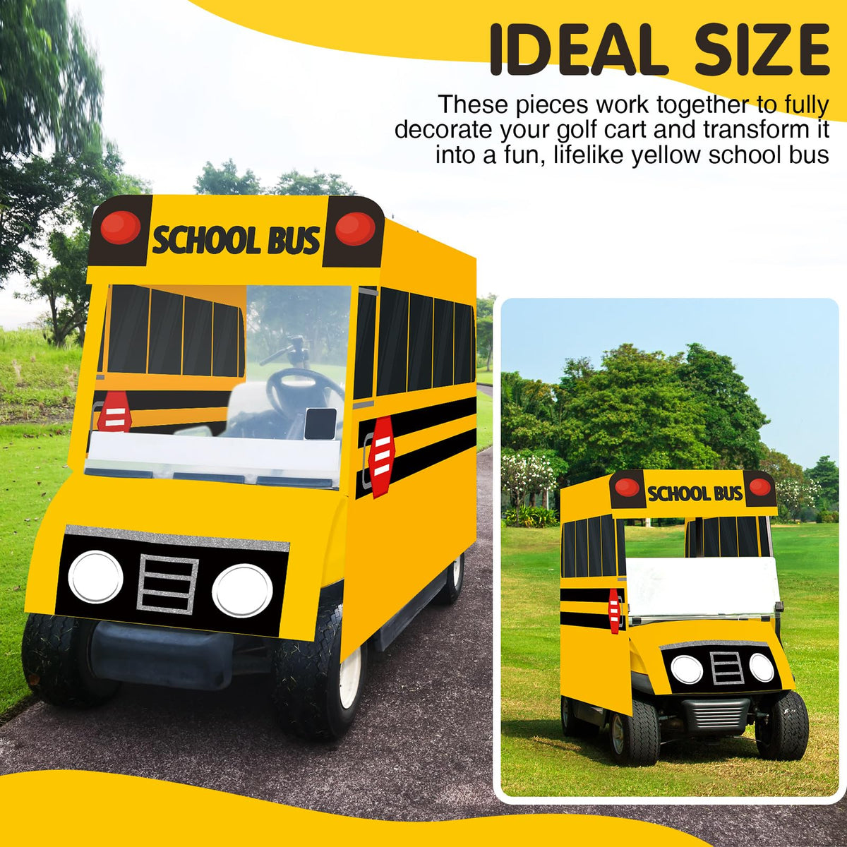 Tegeme yellow school bus front cover with headlights detail.