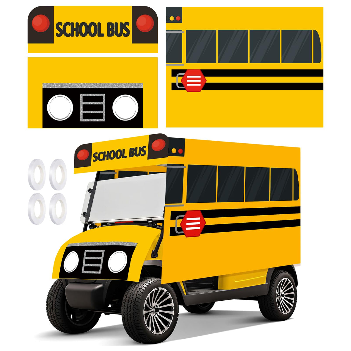 Tegeme yellow school bus side backdrop for parade-ready golf cart.