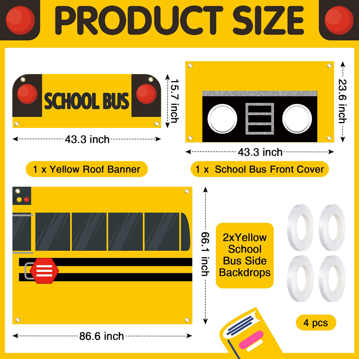 Tegeme yellow school bus side backdrop adds vibrant bus visuals.