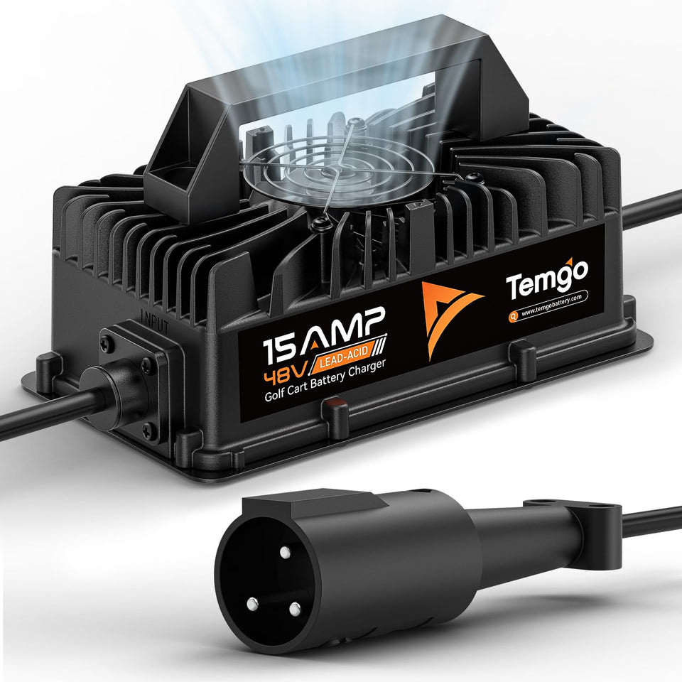 TEMGO 48V charger front view showing rugged aluminum shell for outdoor use.