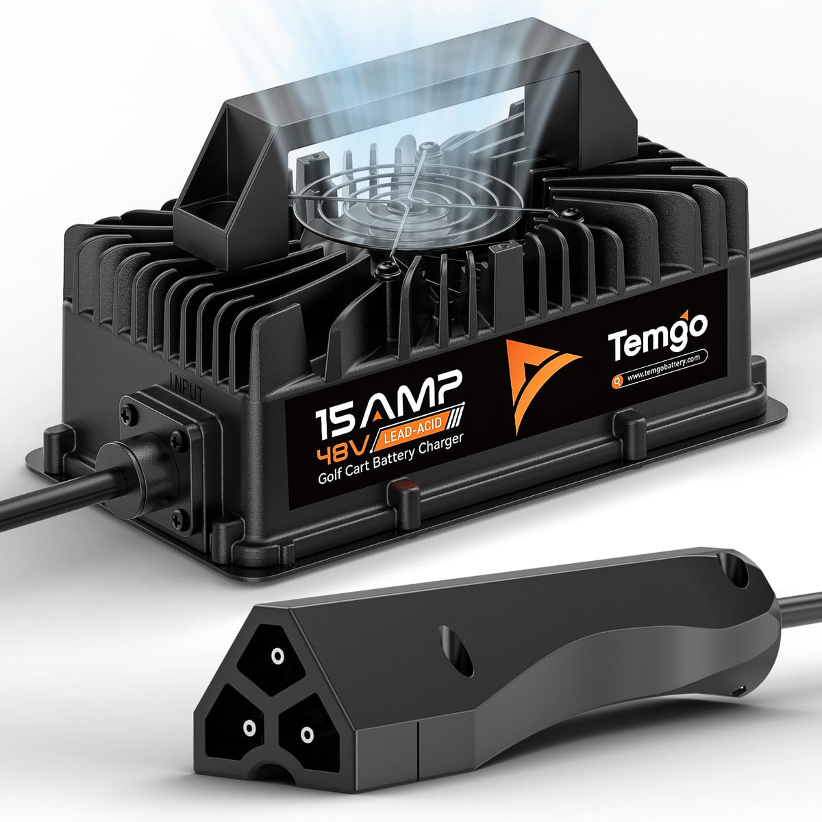 TEMGO 48V 15A charger front view; durable aluminum shell for outdoor charging.