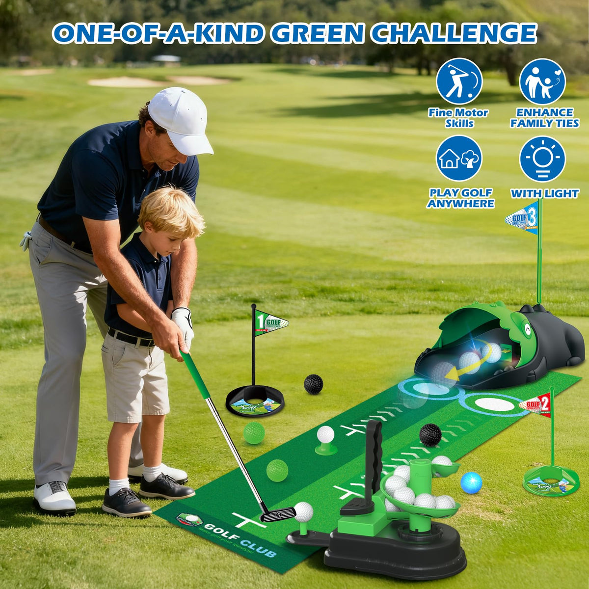 Terramus 3 in 1 golf set features putting mat for developing precision and rhythm.