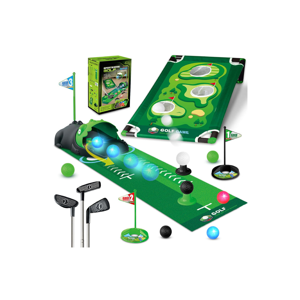 TERRAMUS 3-in-1 kids golf set with dinosaur auto ball return for home practice.