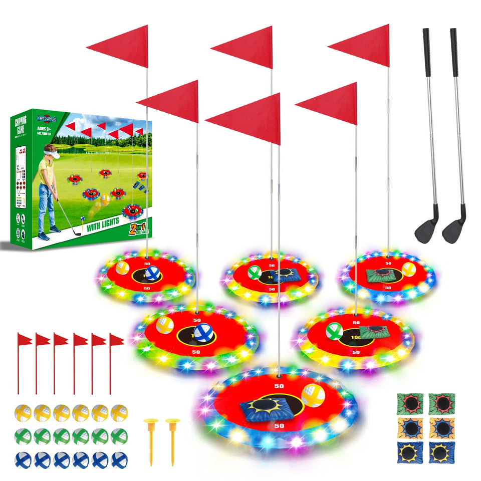 TERRAMUS Glow golf-toss-set lights up backyards for family fun after sunset.